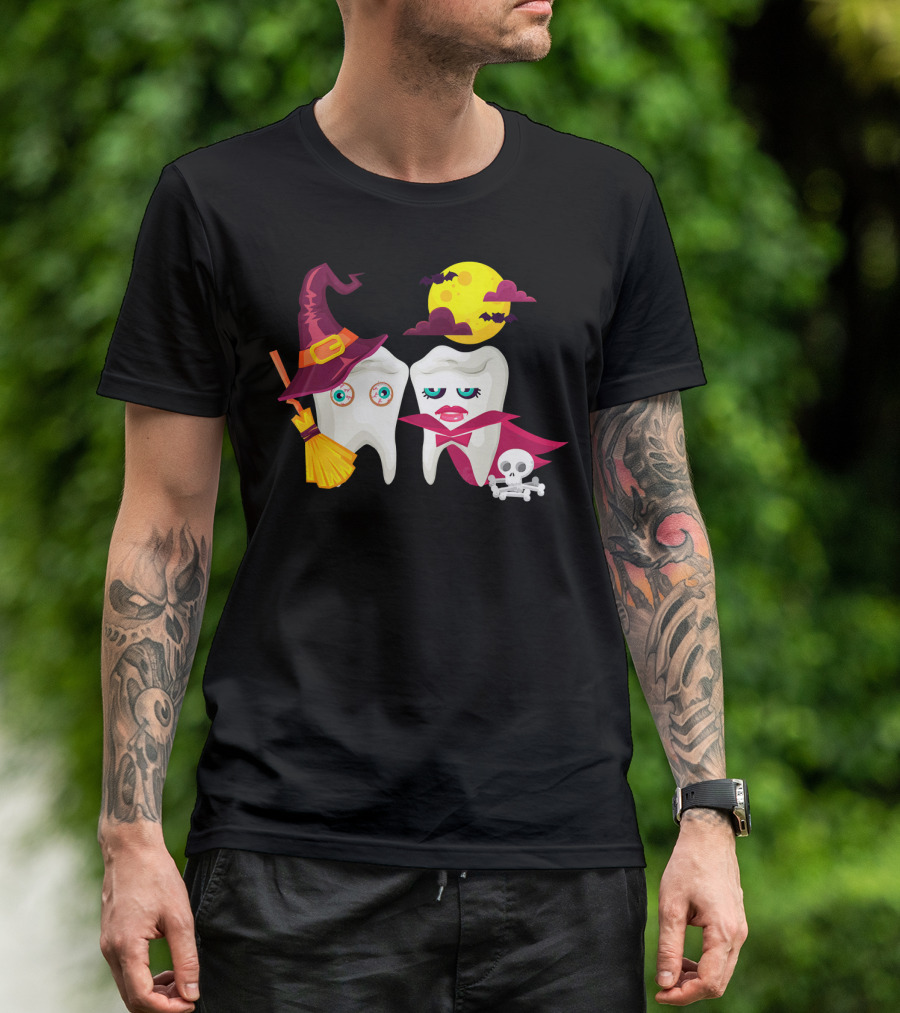 Witch Hat Broom Vampire Teeth Halloween Moon Bats T-Shirt