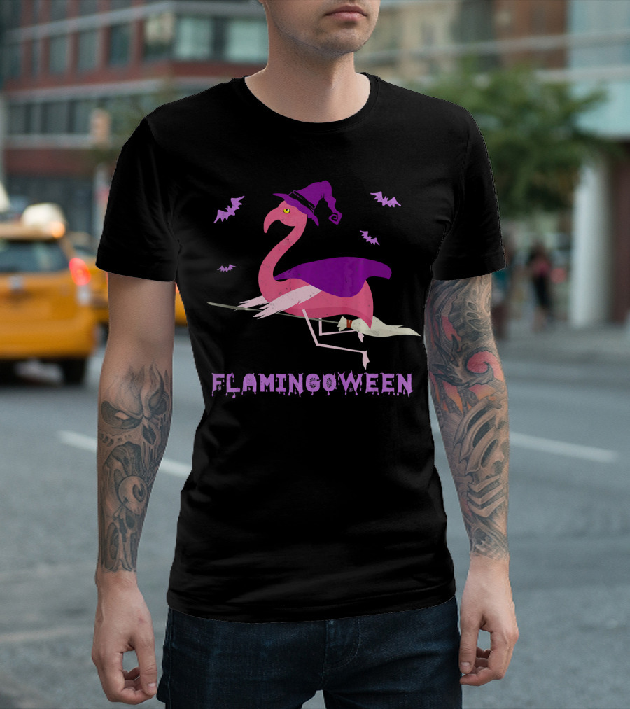 Flamingoween Funny Flamingo Witch with Bats and Broomstick T-Shirt