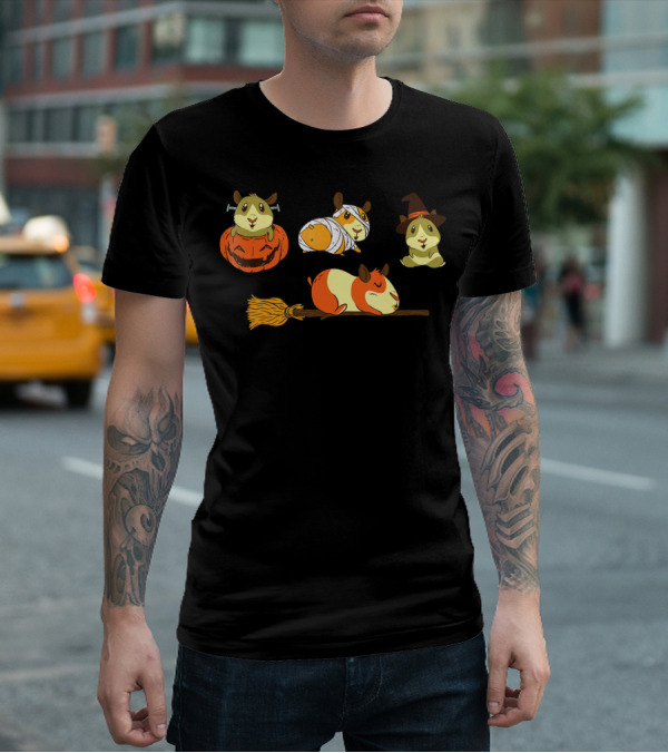 Funny Halloween Guinea Pigs With Witch And Pumpkin Costumes T-Shirt