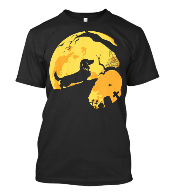 Dachshund Silhouette On Cliff With Full Moon And Halloween Graveyard Scene T-Shirt