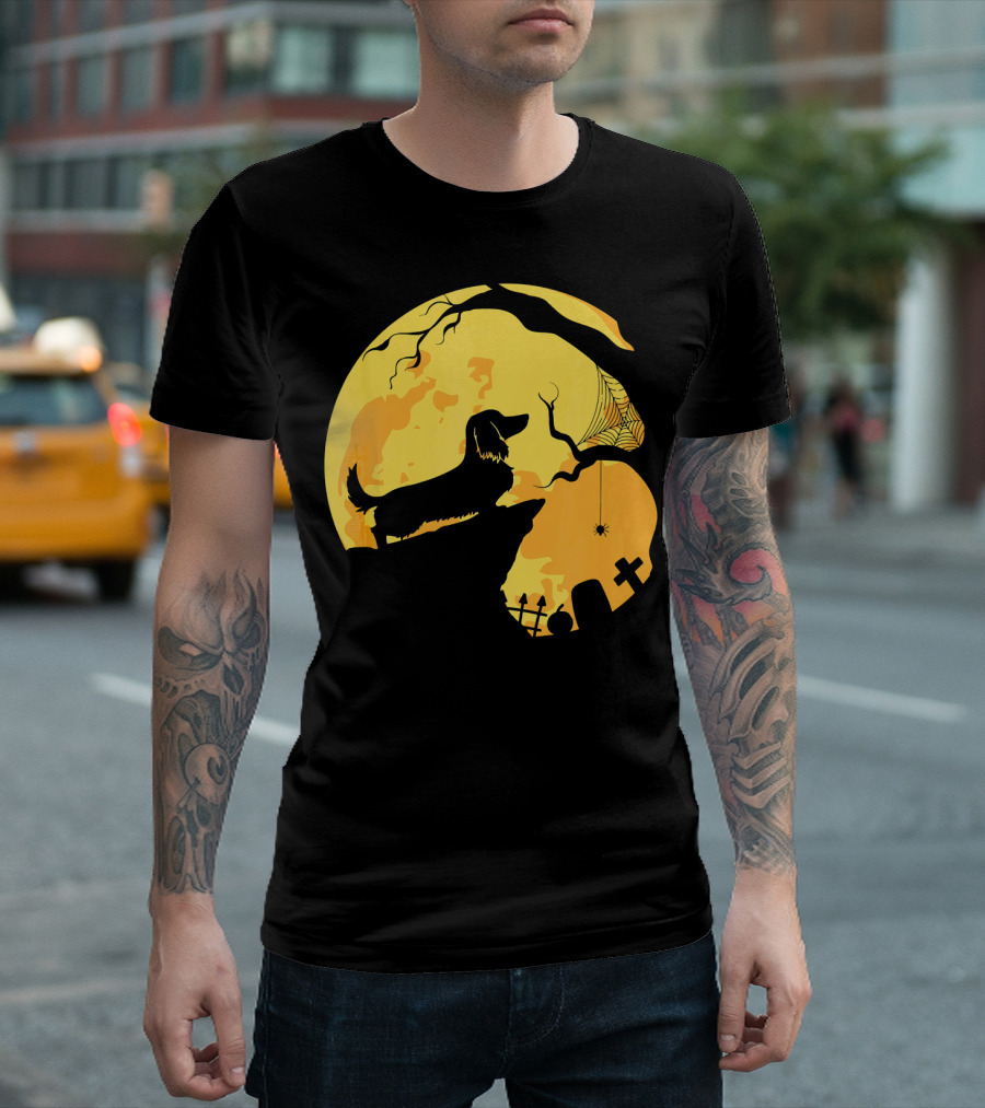 Dachshund Silhouette On Cliff With Full Moon And Halloween Graveyard Scene T-Shirt