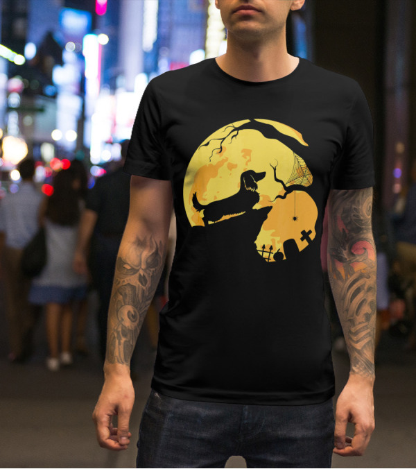 Dachshund Silhouette On Cliff With Full Moon And Halloween Graveyard Scene T-Shirt