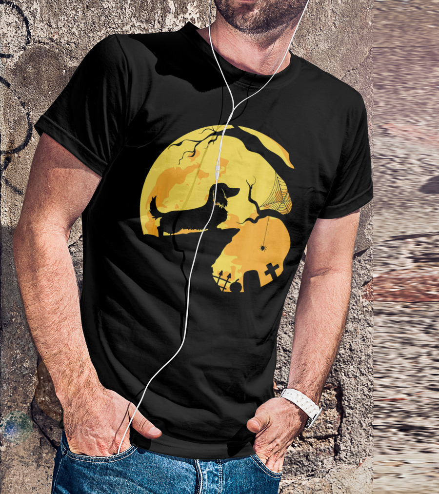 Dachshund Silhouette On Cliff With Full Moon And Halloween Graveyard Scene T-Shirt