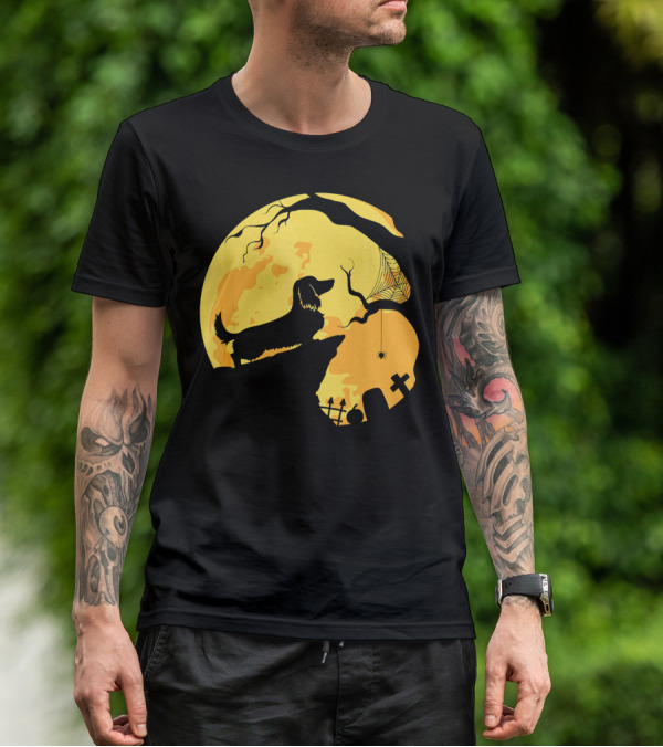 Dachshund Silhouette On Cliff With Full Moon And Halloween Graveyard Scene T-Shirt