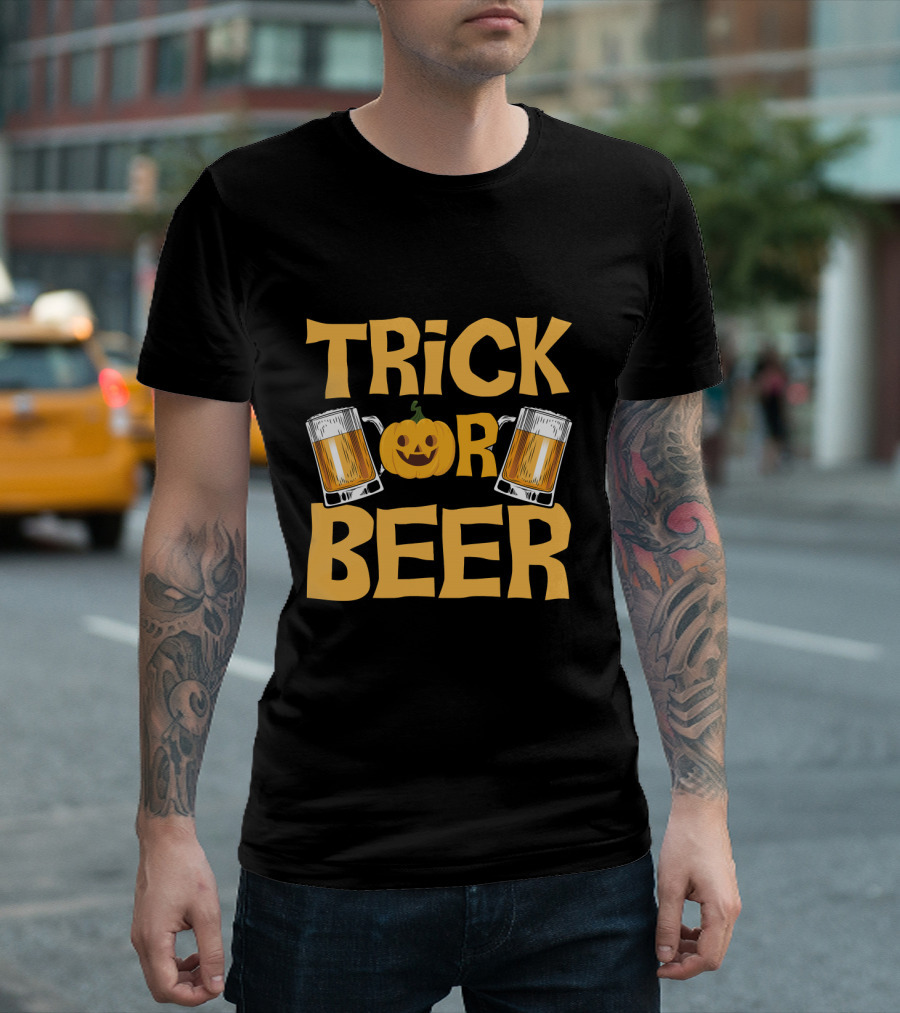 Trick Or Beer Funny Halloween Pumpkin Drinking T-Shirt