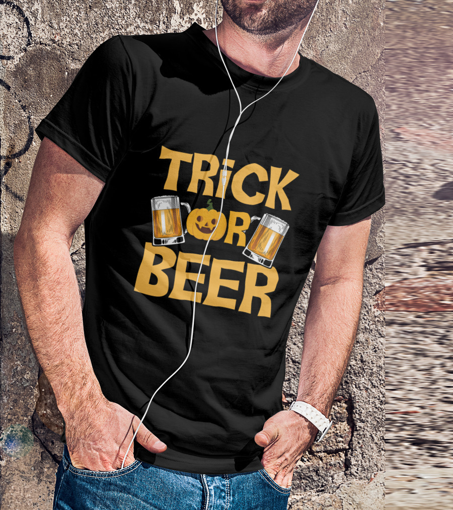 Trick Or Beer Funny Halloween Pumpkin Drinking T-Shirt