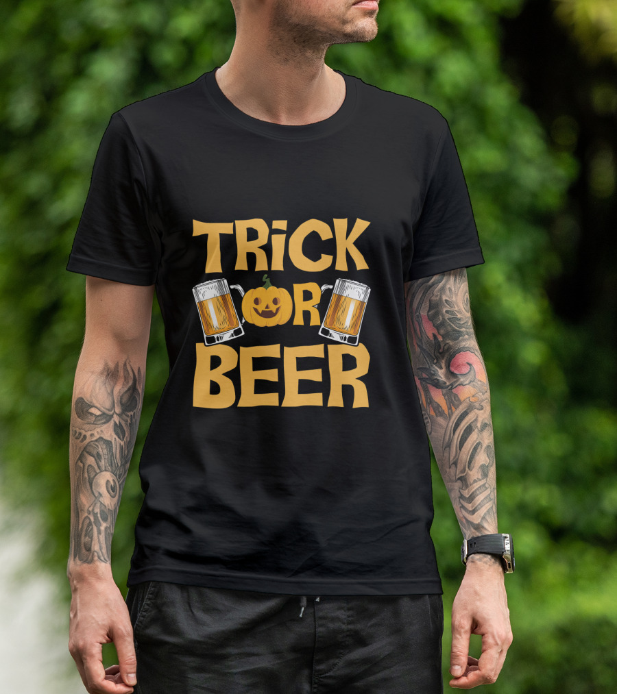 Trick Or Beer Funny Halloween Pumpkin Drinking T-Shirt