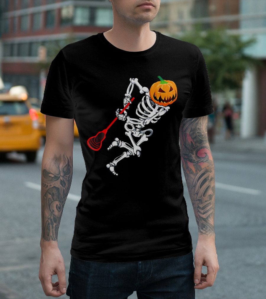 Skeleton Pumpkin Lacrosse Halloween T-Shirt