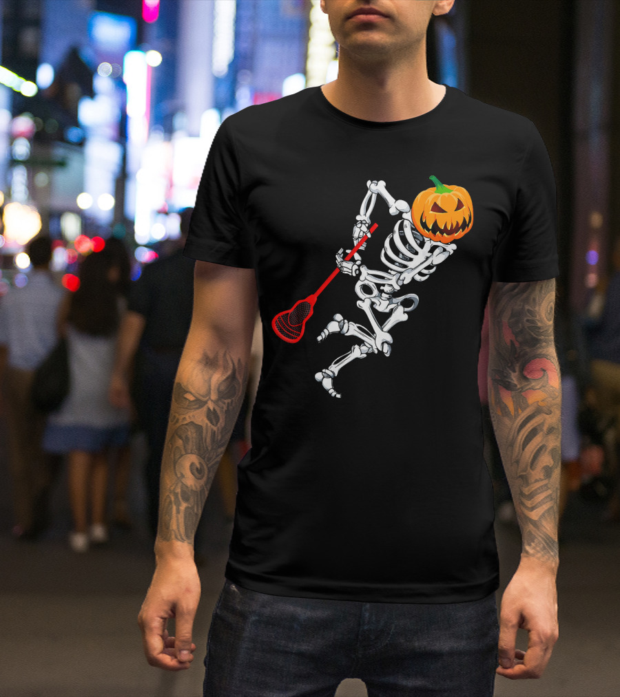 Skeleton Pumpkin Lacrosse Halloween T-Shirt