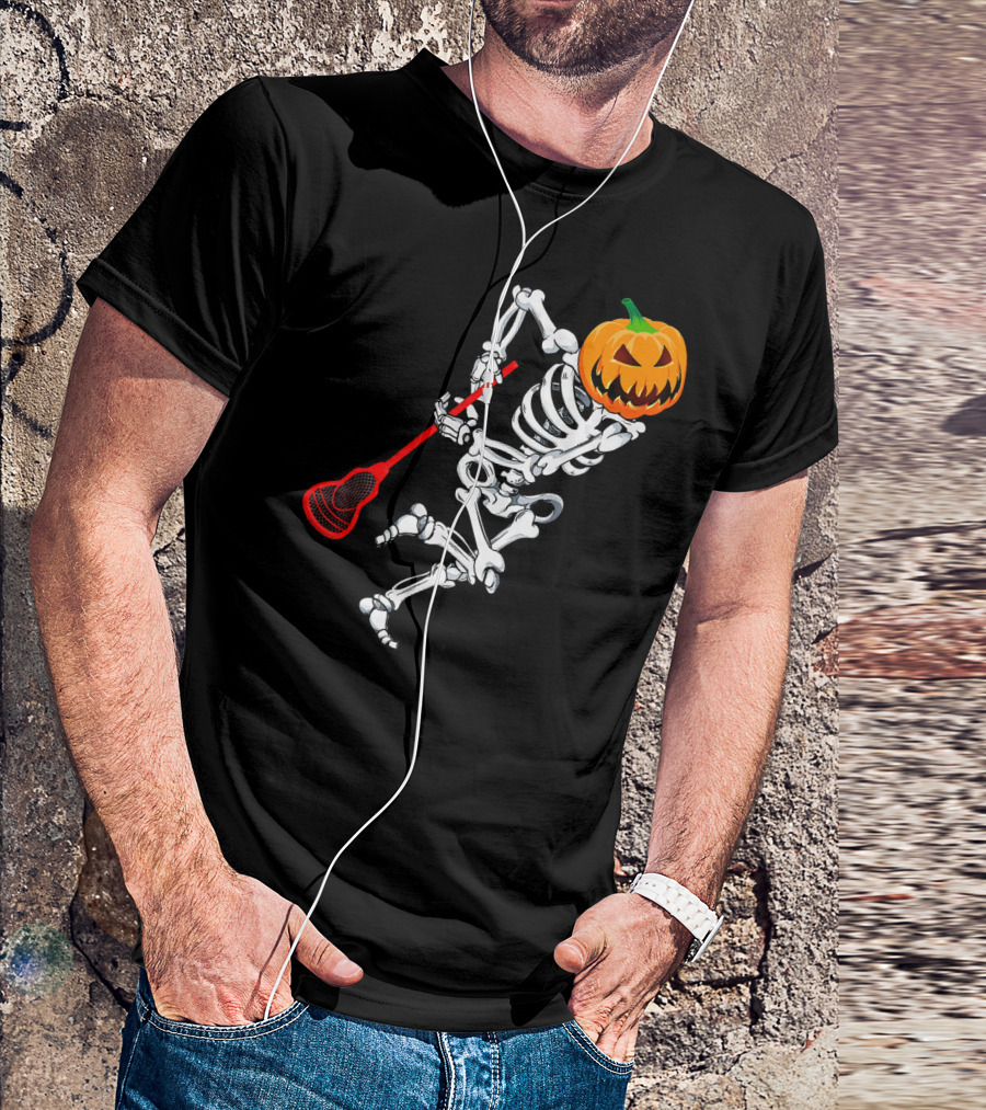 Skeleton Pumpkin Lacrosse Halloween T-Shirt