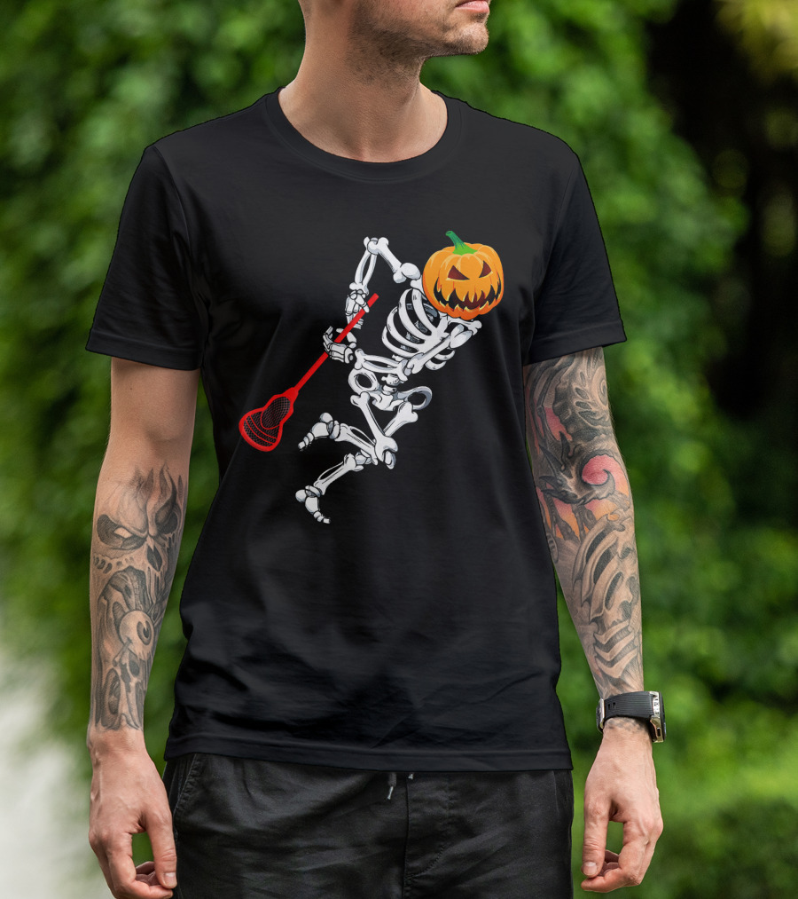 Skeleton Pumpkin Lacrosse Halloween T-Shirt