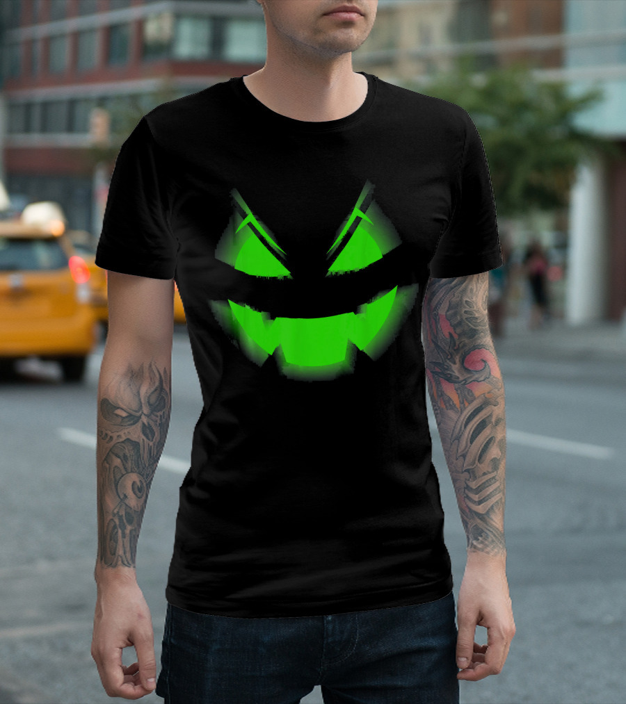 Glowing Green Scary Halloween Pumpkin Face T-Shirt