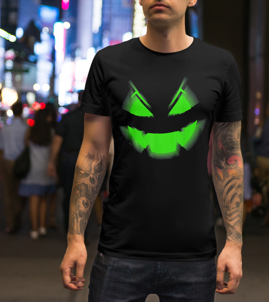 Glowing Green Scary Halloween Pumpkin Face T-Shirt