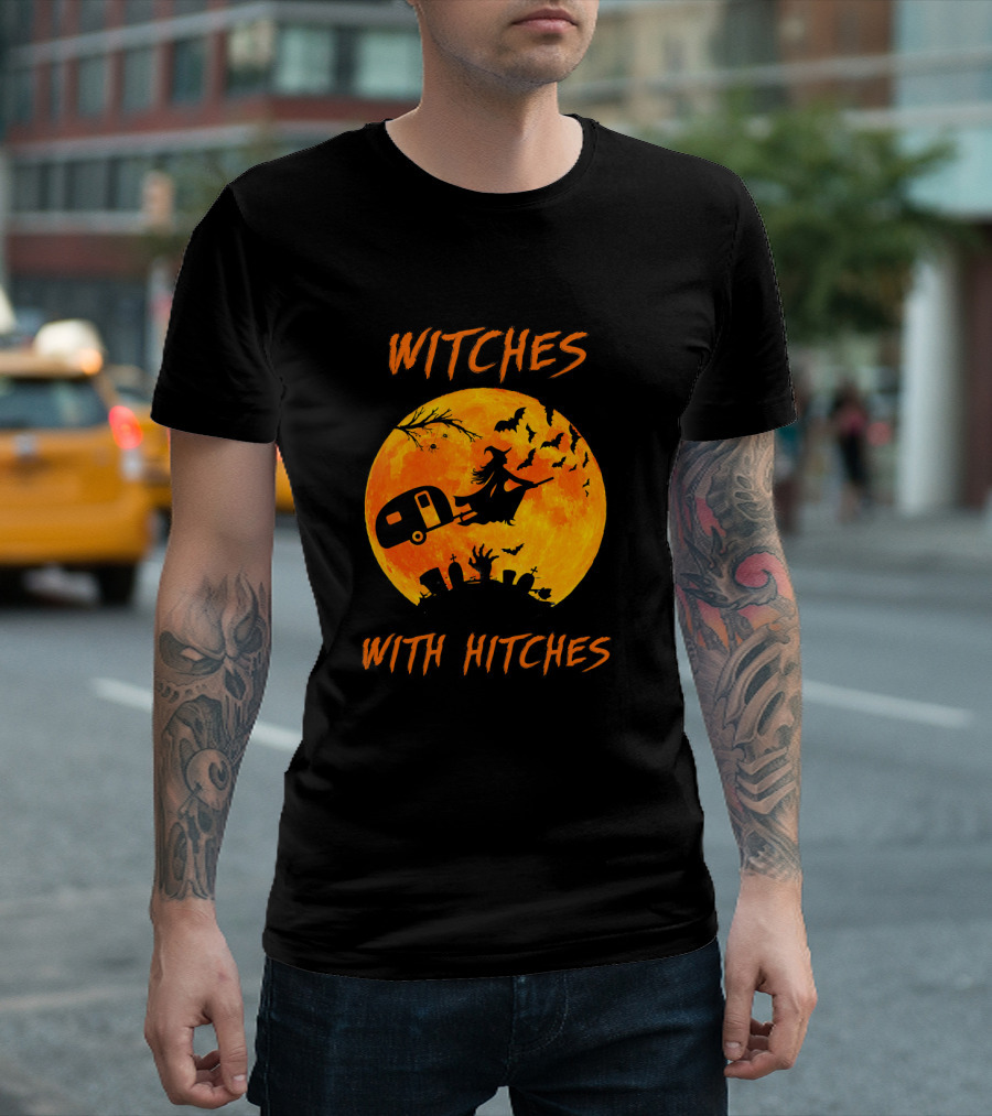 Witches With Hitches Halloween Moon Bats Graveyard Scene T-Shirt