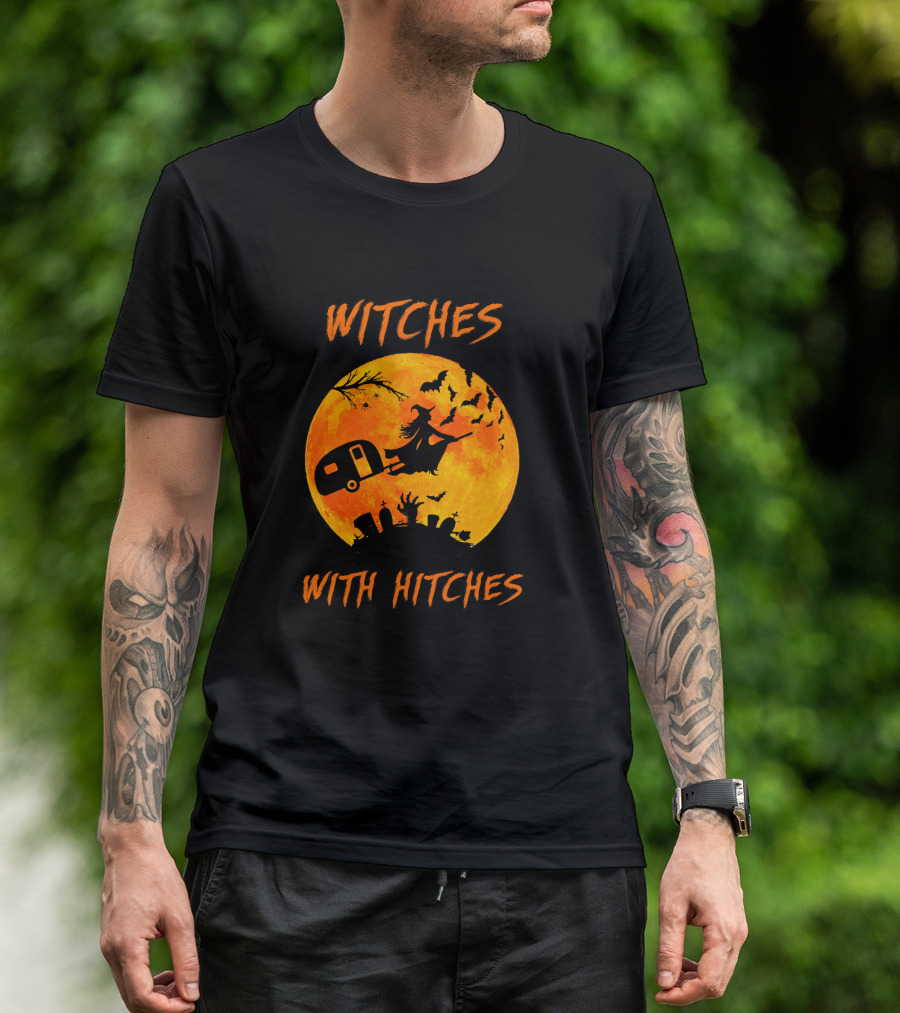 Witches With Hitches Halloween Moon Bats Graveyard Scene T-Shirt