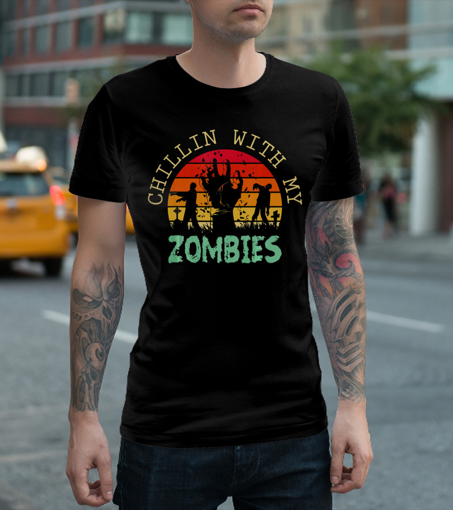 CHILLIN WITH MY ZOMBIES Halloween Zombie Sunset Scene T-Shirt