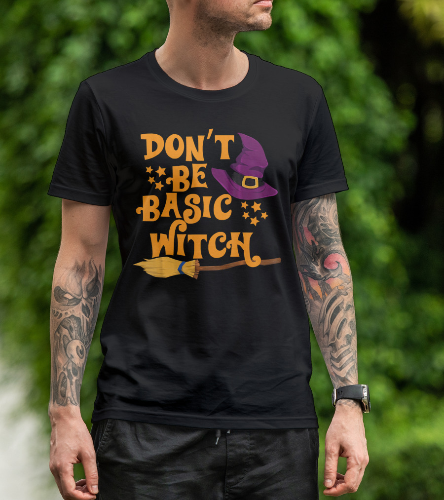 Don't Be Basic Witch Purple Hat Broom Stars T-Shirt