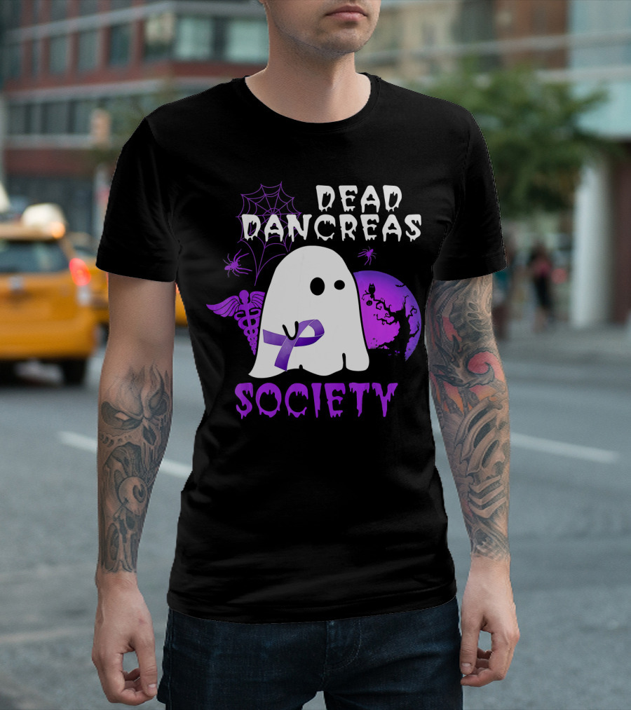 Dead Pancreas Society Ghost with Purple Ribbon Halloween T-Shirt