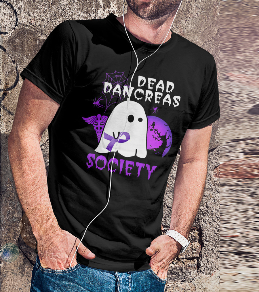 Dead Pancreas Society Ghost With Purple Ribbon Halloween T-Shirt