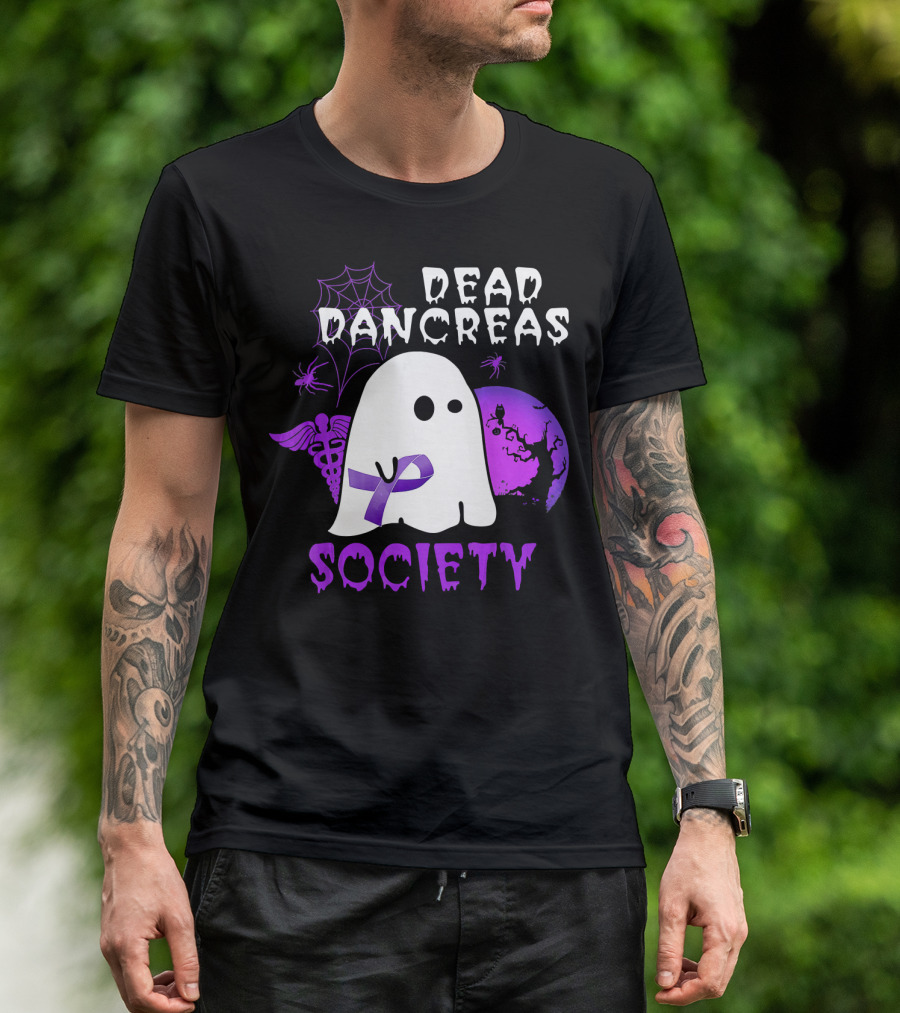 Dead Pancreas Society Ghost With Purple Ribbon Halloween T-Shirt