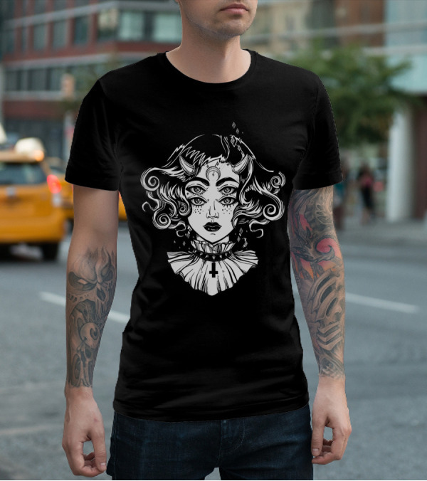 Horned Devil Girl Satanic Occult Triple-Eyed Cross T-Shirt