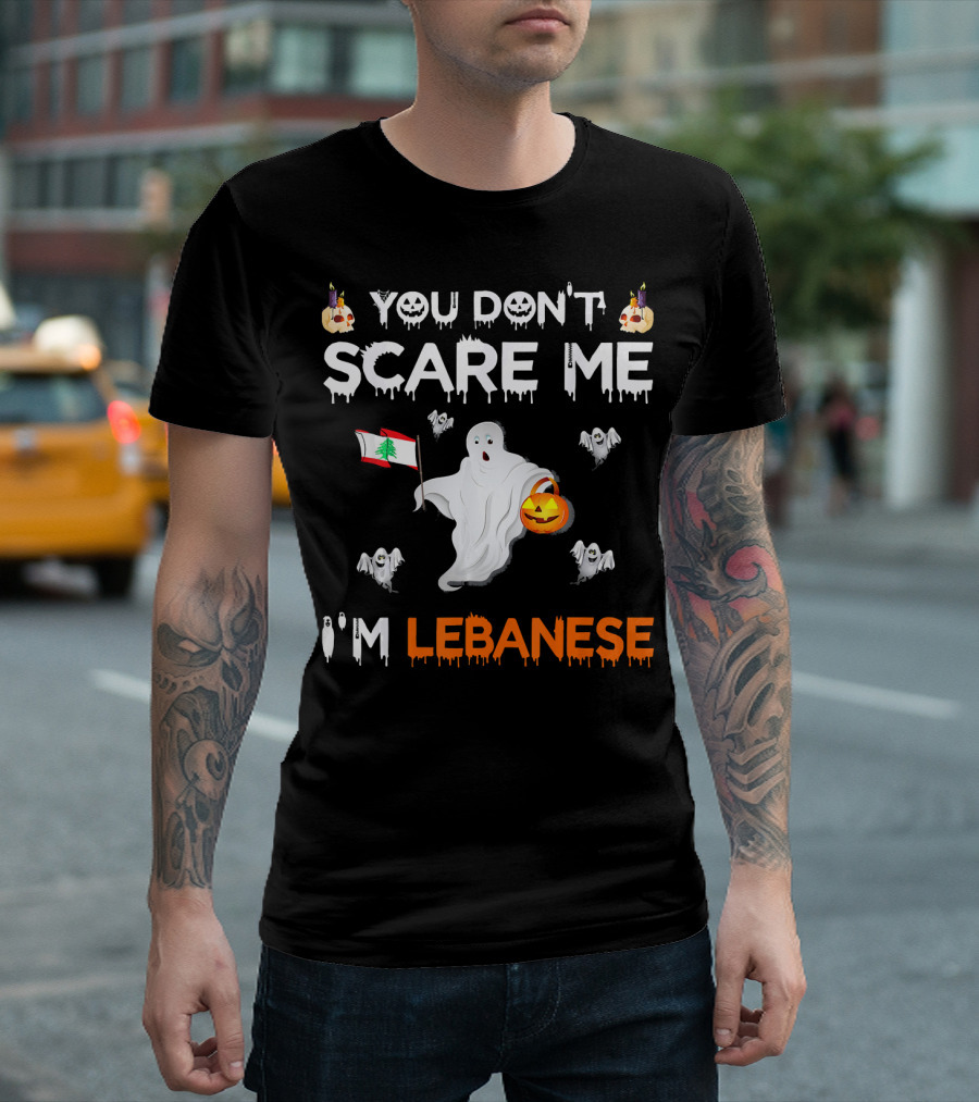 You Don't Scare Me I'm Lebanese Ghost With Lebanese Flag And Pumpkin Halloween T-Shirt