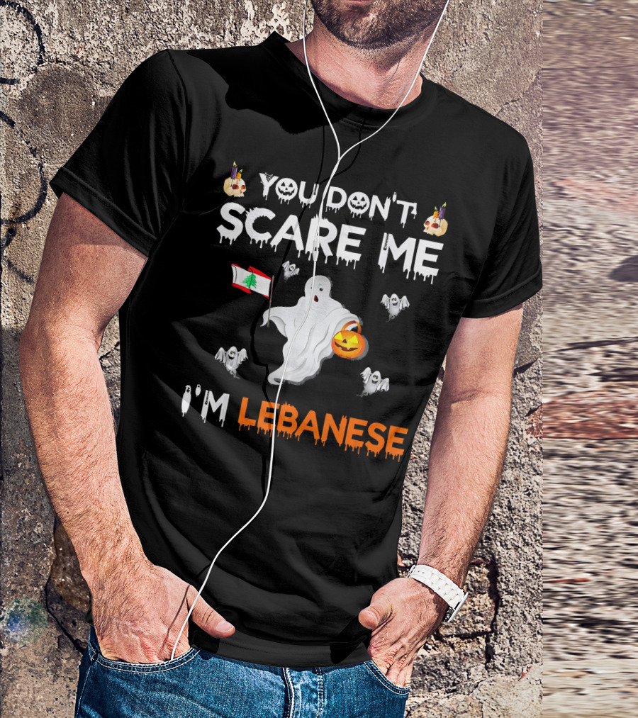 You Don't Scare Me I'm Lebanese Ghost With Lebanese Flag And Pumpkin Halloween T-Shirt