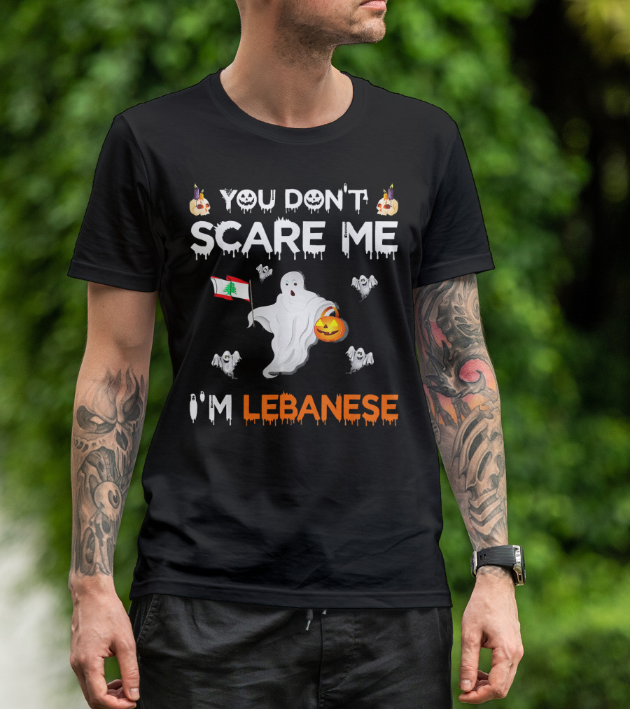You Don't Scare Me I'm Lebanese Ghost With Lebanese Flag And Pumpkin Halloween T-Shirt