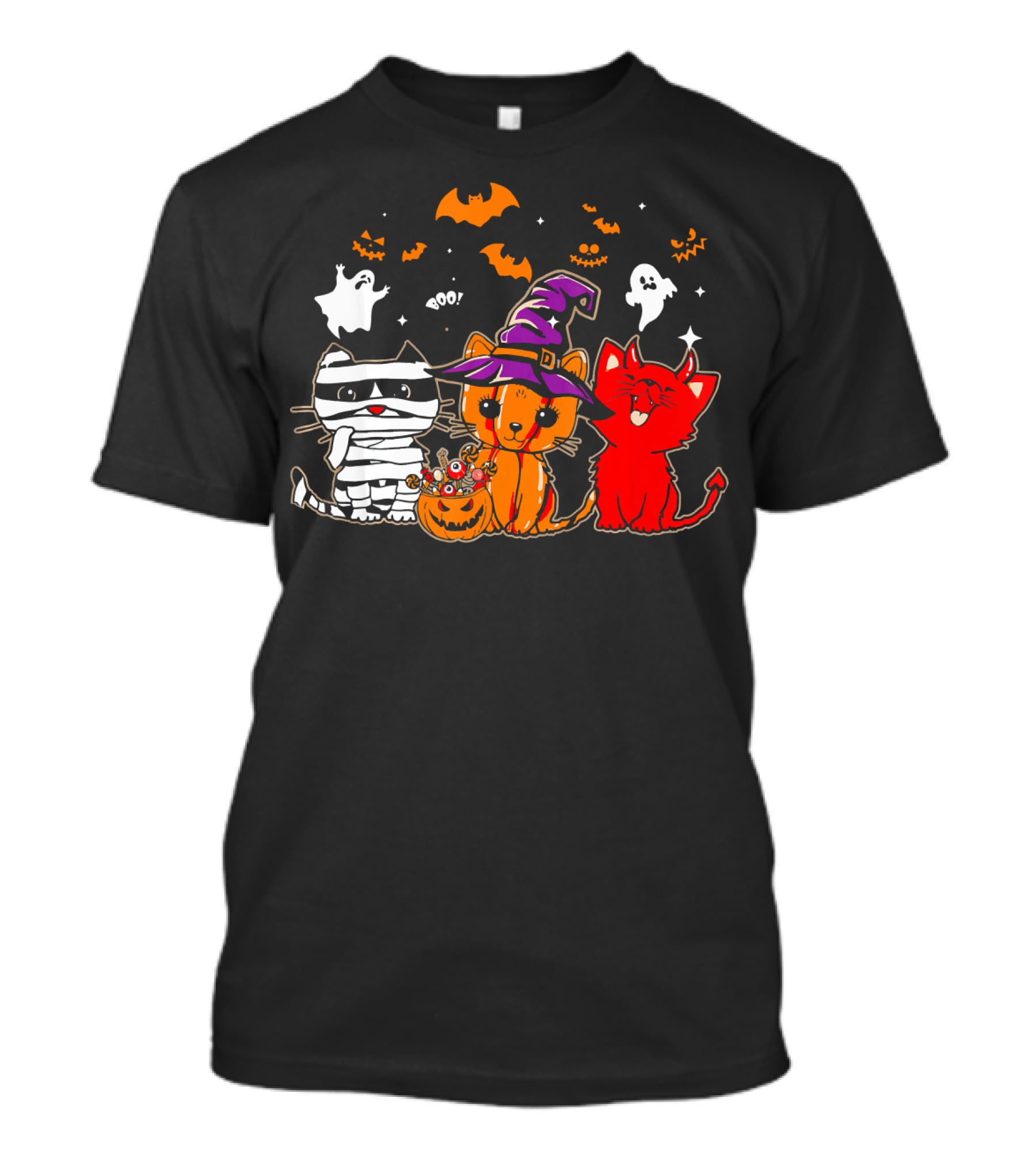 Funny Cat Trio In Halloween Costumes With Ghosts And Pumpkins T-Shirt