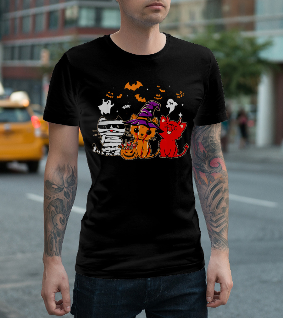 Funny Cat Trio in Halloween Costumes with Ghosts and Pumpkins T-Shirt
