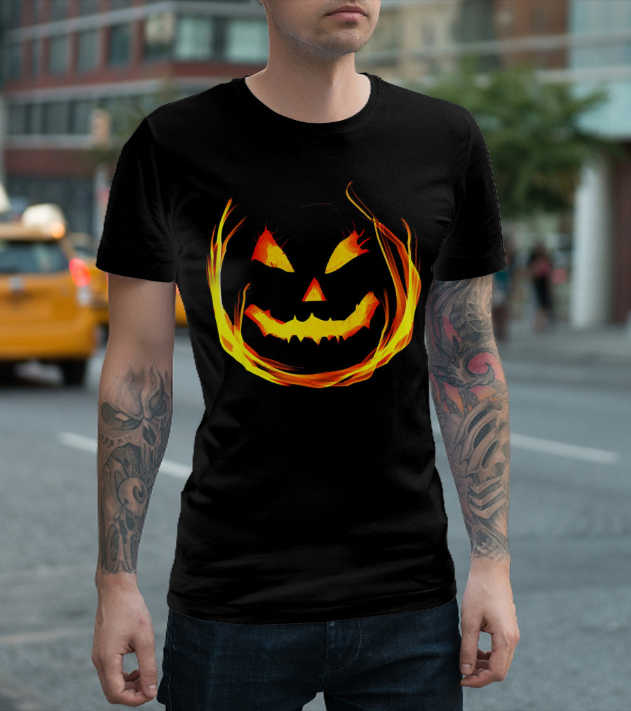 Fun and Spooky Fiery Jack o Lantern Halloween Pumpkin Face T-Shirt