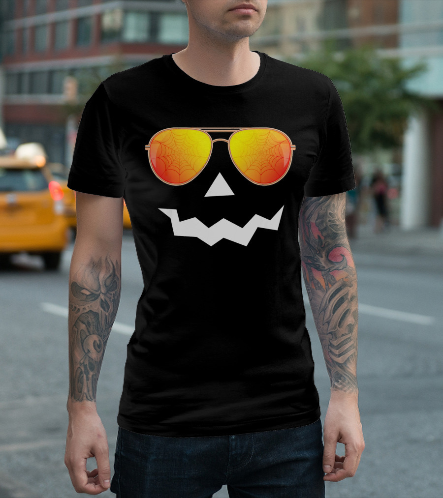 Halloween Jack O Lantern With Sunglasses And Spider Web Reflection T-Shirt