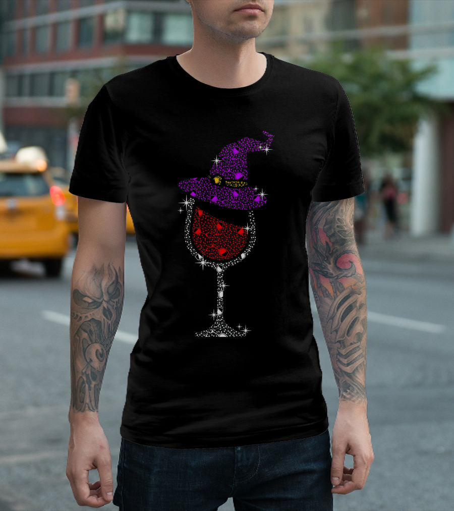 Sparkling Purple Witch Hat Red Wine Glass Halloween T-Shirt