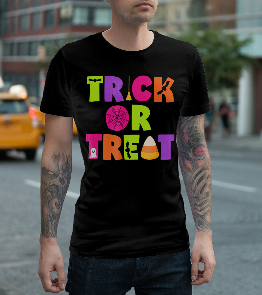 Trick or Treat Bat Broom Spiderweb Ghost Candy Corn Halloween T-Shirt