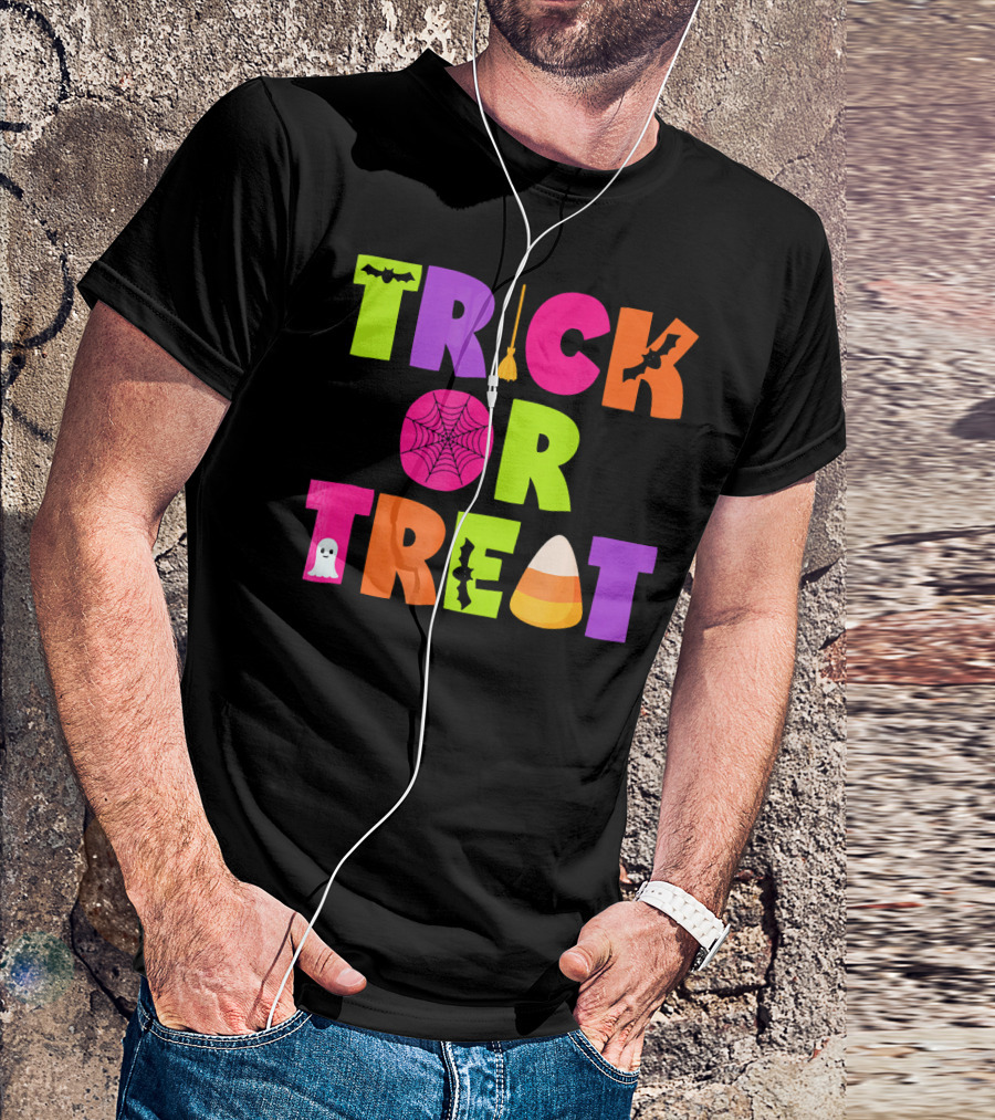 Trick Or Treat Bat Broom Spiderweb Ghost Candy Corn Halloween T-Shirt