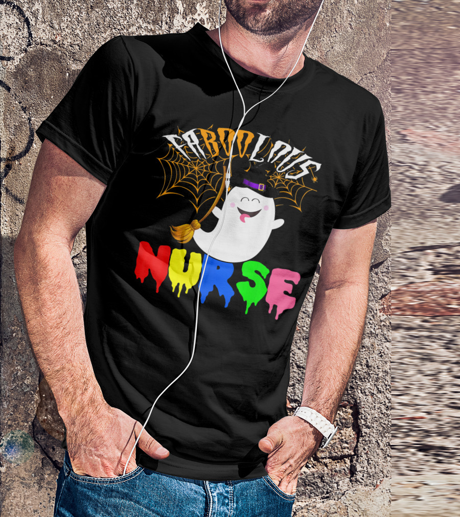 Faboolous Nurse Ghost With Witch Hat And Broom Halloween T-Shirt