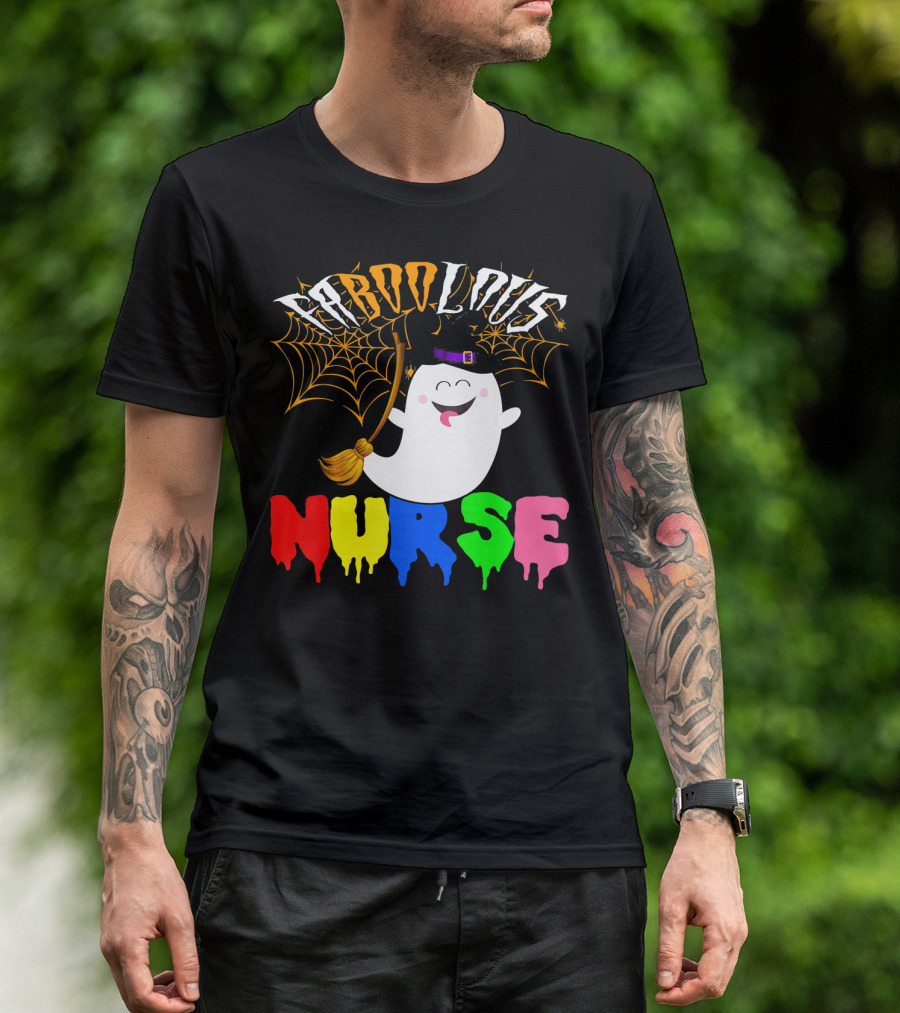 Faboolous Nurse Ghost With Witch Hat And Broom Halloween T-Shirt