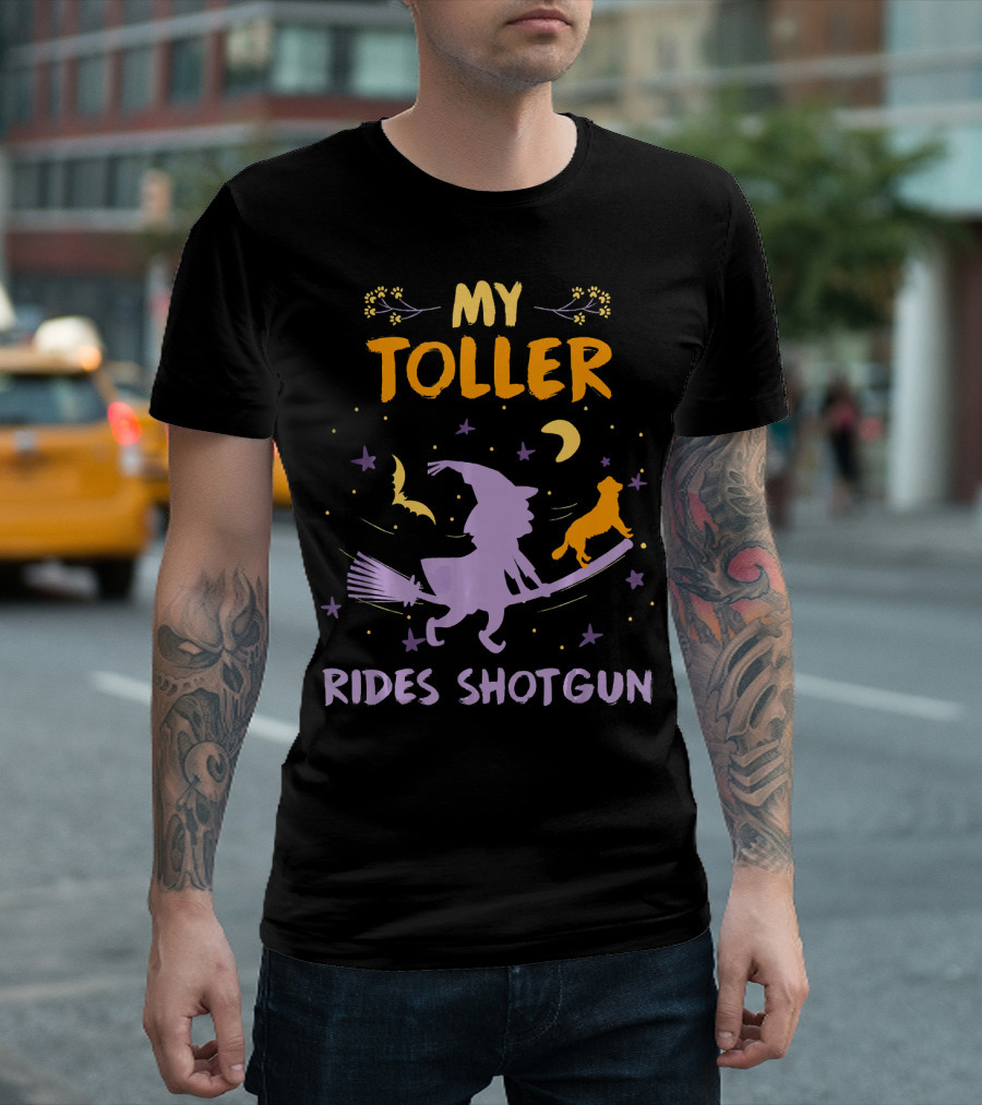 My Toller Rides Shotgun Halloween Witch and Dog Moon Stars T-Shirt