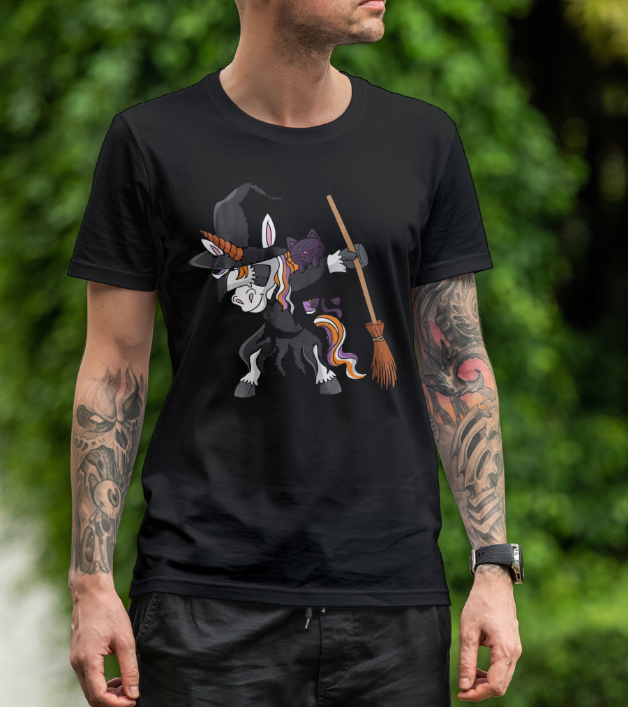 Dabbing Halloween Witch Unicorn With Cat And Broom T-Shirt