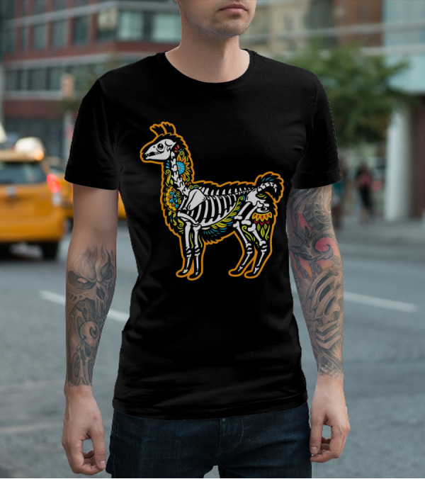 Colorful Dia De Los Muertos Llama Skeleton T-Shirt