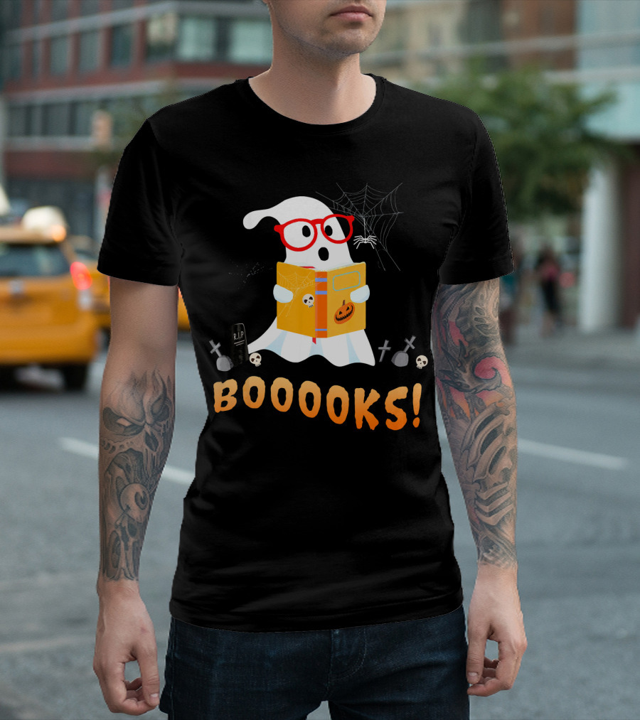 BOOOOKS Funny Teacher Halloween Ghost Reads with Spider Webs T-Shirt
