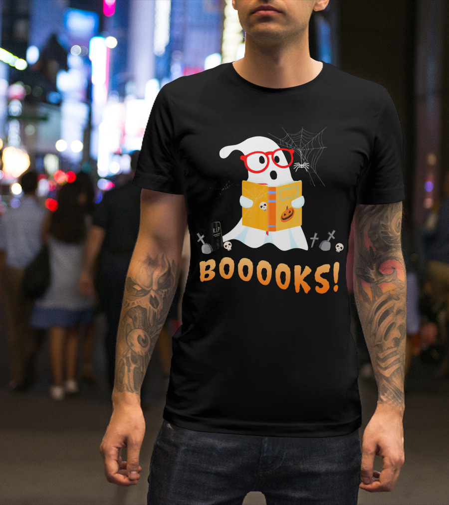 BOOOOKS Funny Teacher Halloween Ghost Reads With Spider Webs T-Shirt