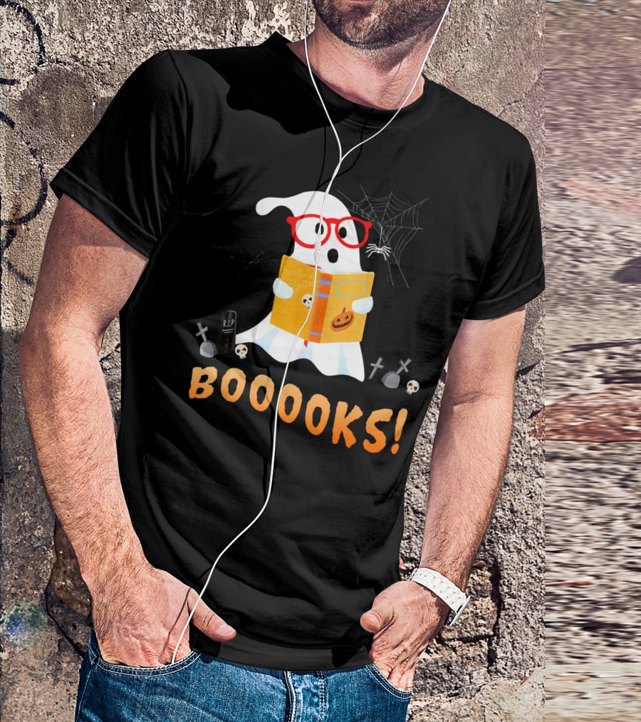 BOOOOKS Funny Teacher Halloween Ghost Reads With Spider Webs T-Shirt