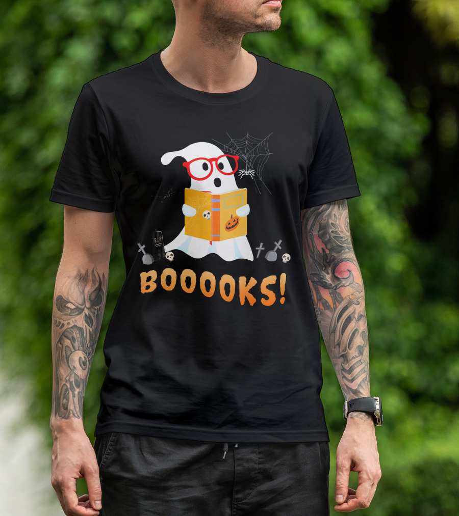 BOOOOKS Funny Teacher Halloween Ghost Reads With Spider Webs T-Shirt