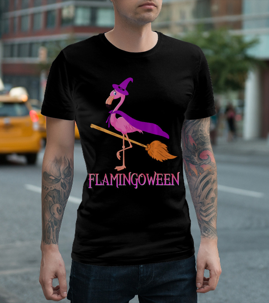 Flamingoween Witch Flamingo Riding Broomstick T-Shirt