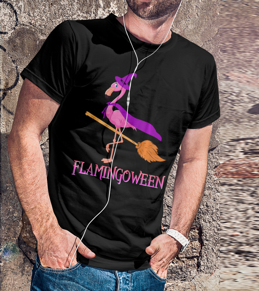 Flamingoween Witch Flamingo Riding Broomstick T-Shirt