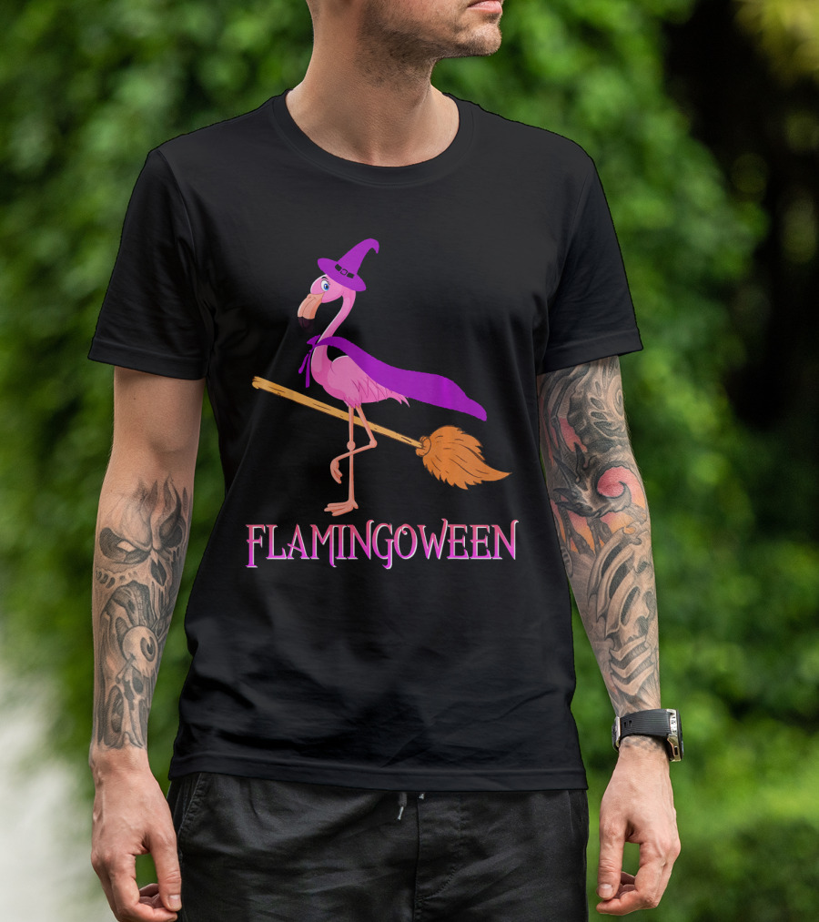 Flamingoween Witch Flamingo Riding Broomstick T-Shirt