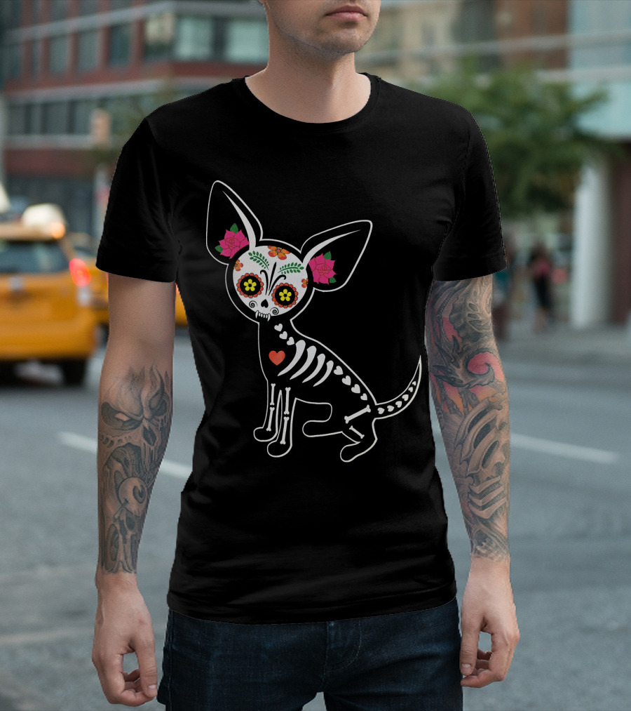 Day of the Dead Chihuahua Skeleton Skull Flowers T-Shirt