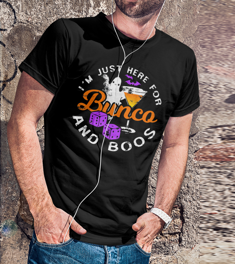 I'm Just Here For Bunco And Boos Ghost Bat Cocktail Dice T-Shirt