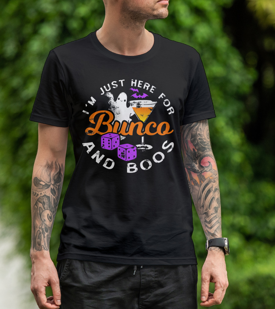 I'm Just Here For Bunco And Boos Ghost Bat Cocktail Dice T-Shirt
